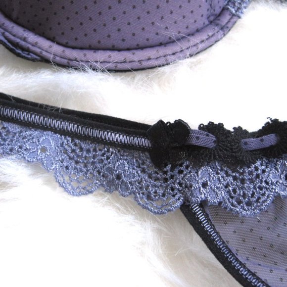 Purple Black Polka Dot Lace Padded Demi Bra Thong Set, Convertible Straps, 36B L - Picture 2 of 7